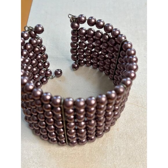 Wide Cuff Bracelet With Multiple Rows Of Metallic Mauve Beads And Stretch Band F - Picture 4 of 6